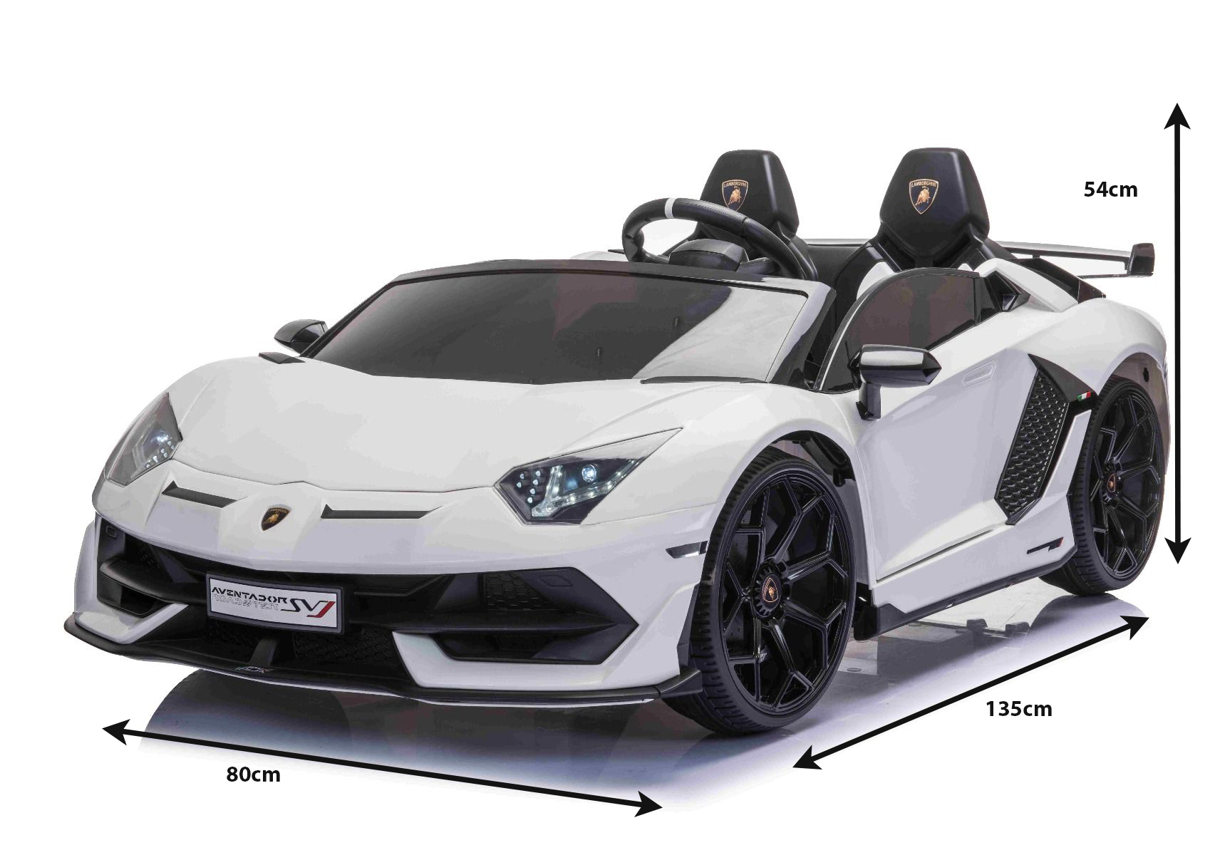 Coche eléctrico Lamborghini Aventador 12V para dos usuarios, Blanco,  Puertas de apertura vertical, Motor 2 x 12V, Batería 12V, Control remoto   Ghz, Ruedas EVA blandas, Suspensión, Arranque suave, Reproductor MP3 con