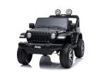 JEEP Wrangler Ride-On eléctrico, negro, Asiento doble de polipiel, radio con Bluetooth y entrada USB, unidad 4x4, batería 12V10Ah, ruedas EVA, ejes de suspensión, control remoto de 2.4 GHz, con licencia