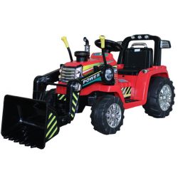 Tractor eléctrico MASTERS con cucharón, rojo, tracción trasera, batería de 12V, 2 motores de 25W, cucharón delantero, asiento ancho de plástico, control remoto de 2.4 GHz, reproductor MP3 con entrada AUX, luces LED