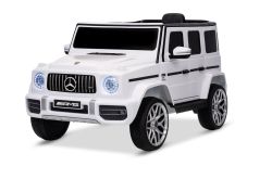 Coche eléctrico para niños Mercedes G nuevo, blanco, licencia original, batería recargable, puertas abatibles, asiento individual, 2 motores, batería de litio, control remoto 2.4 GHz, suspensión trasera, arranque suave