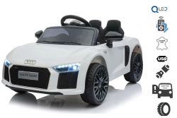 Paseo eléctrico en automóvil Audi R8 Pequeño, blanco, con licencia original, alimentado por batería, puertas de apertura, motor 2x 35W, batería de 12 V, control remoto de 2.4 Ghz, ruedas Soft EVA, suspensión, arranque suave