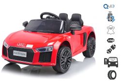 Paseo eléctrico en automóvil Audi R8 Pequeño, rojo, con licencia original, alimentado por batería, puertas de apertura, motor 2x 35W, batería de 12 V, control remoto de 2.4 Ghz, ruedas Soft EVA, suspensión, arranque suave