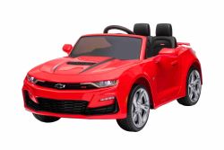 Coche eléctrico para montar Chevrolet Camaro, rojo, licencia original, batería de 12 V, puertas que se abren, Asiento de cuero artificial, motor de 2x 35 W, luces LED, control remoto de 2,4 Ghz, ruedas suaves de EVA, arranque suave