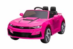 Coche eléctrico para montar Chevrolet Camaro, rosa, licencia original, batería de 12 V, puertas que se abren, Asiento de cuero artificial, motor de 2x 35 W, luces LED, control remoto de 2,4 Ghz, ruedas suaves de EVA, arranque suave