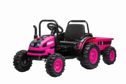 Tractor eléctrico POWER con remolque, rosa, tracción trasera, batería de 12 V, ruedas de plástico, asiento ancho, control remoto de 2,4 GHz, reproductor de MP3 con USB,  luces LED