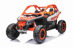 Coche eléctrico Can-am Maverick, naranja, biplaza, suspensión  trasera, mando a distancia de 2,4 Ghz, batería portátil, 4 motores de 35 W, ruedas de EVA, asiento del conductor ajustable, reproductor de MP3 con entrada USB/SD, con licencia