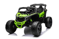 Coche eléctrico para niños Can-am Maverick Monoplaza con tracción 4X4, Verde, Suspensión independiente, Mando a distancia 2,4 Ghz, 4 Motores de 35W, Ruedas EVA, Asiento de piel, Reproductor MP3 con entrada USB/AUX, Licenciado