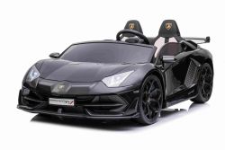 Coche eléctrico Lamborghini Aventador 24V para dos usuarios, Pintura negra, Reproductor MP4, Asientos de polipiel, Puertas de apertura vertical, Motor 2 x 45W, Batería de 24V, 2.4 Ghz RC, Ruedas EVA blandas, Suspensión, Arranque suave