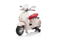 Patinete eléctrico Vespa 946 con marcha atrás, blanco, Licencia, ruedas auxiliares, batería de litio, 2 motores de 30W, Asiento de cuero, Reproductor MP3 con entrada USB