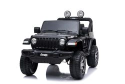 Coche eléctrico para niños JEEP Wrangler, negro, Asiento doble de polipiel, radio con Bluetooth y entrada USB, unidad 4x4, batería 12V10Ah, ruedas EVA, ejes de suspensión, control remoto de 2.4 GHz, con licencia