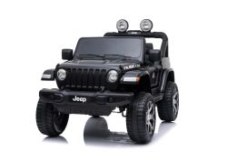 JEEP Wrangler Ride-On eléctrico, negro, Asiento doble de polipiel, radio con Bluetooth y entrada USB, unidad 4x4, batería 12V10Ah, ruedas EVA, ejes de suspensión, control remoto de 2.4 GHz, con licencia