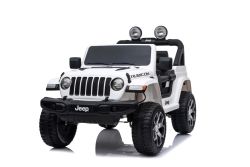 JEEP Wrangler Coche eléctrico para niños, Blanco, Asiento doble de polipiel, radio con Bluetooth y entrada USB, unidad 4x4, Batería de litio, ruedas EVA, ejes de suspensión, control remoto de 2.4 GHz, con licencia