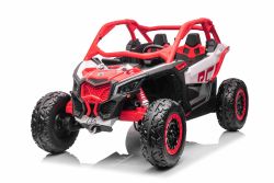 Coche eléctrico Can-am Maverick, rojo, biplaza, suspensión trasera, mando a distancia de 2,4 Ghz, batería portátil, 4 motores de 35 W, ruedas de EVA, asiento del conductor ajustable, reproductor de MP3 con entrada USB/SD, con licencia