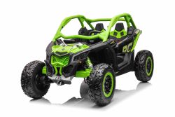 Coche eléctrico Can-am Maverick, verde, biplaza, suspensión  trasera, mando a distancia de 2,4 Ghz, batería portátil, 4 motores de 35 W, ruedas de EVA, asiento del conductor ajustable, reproductor de MP3 con entrada USB/SD, con licencia