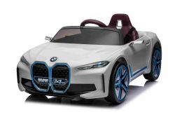 Coche eléctrico BMW i4, blacno, mando a distancia 2,4 GHz, USB/AUX/Bluetooth, suspensión rueda trasera, batería 12V, luces LED, motor 2 X 25W, matrícula ORIGINAL