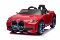 Coche eléctrico BMW i4, rojo, mando a distancia 2,4 GHz, USB/AUX/Bluetooth, suspensión rueda trasera, batería 12V, luces LED, motor 2 X 25W, matrícula ORIGINAL