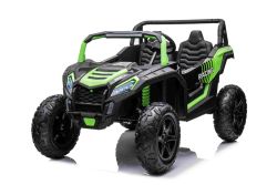 Coche eléctrico para niños UTV XXL 24V, Verde, dos asientos en cuero, Discos de freno, Motor 24V, Luces LED, Ruedas de goma inflables con suspensión trasera, Reproductor MP3 con USB y Bluetooth, Volante ajustable