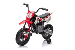 Moto eléctrica para niños MOTOCROSS, Rojo, Batería de 12V, Ruedas blandas de EVA, Asiento de cuero, Motor 2 x 25W, Suspensión, Estructura de metal, Reproductor MP3 con Bluetooth, ruedas auxiliares