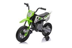 Moto eléctrica para niños MOTOCROSS, Verde, Batería de 12V, Ruedas blandas de EVA, Asiento de cuero, Motor 2 x 25W, Suspensión, Estructura de metal, Reproductor MP3 con Bluetooth, ruedas auxiliares