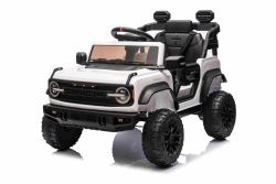 Coche eléctrico con licencia Ford Bronco con tracción en las ruedas traseras, de un solo asiento, blanco, batería de litio, alta distancia al suelo, asiento ancho, suspensión del eje trasero, control remoto de 2.4 GHz, reproductor MP3 con entrada USB, luc