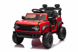 Coche eléctrico con licencia Ford Bronco con tracción en las ruedas traseras, de un solo asiento, rojo, batería de litio, alta distancia al suelo, asiento ancho, suspensión del eje trasero, control remoto de 2.4 GHz, reproductor MP3 con entrada USB, luc