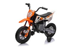 Moto eléctrica para niños MOTOCROSS, Naranja, Batería de 12V, Ruedas blandas de EVA, Asiento de cuero, Motor 2 x 25W, Suspensión, Estructura de metal, Reproductor MP3 con Bluetooth, ruedas auxiliares