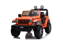JEEP Wrangler Coche eléctrico para niños, Naranja, Asiento doble de polipiel, radio con Bluetooth y entrada USB, unidad 4x4, Batería de litio, ruedas EVA, ejes de suspensión, control remoto de 2.4 GHz, con licencia
