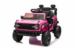 Coche eléctrico con licencia Ford Bronco con tracción en las ruedas traseras, de un solo asiento, rosa, batería de litio, alta distancia al suelo, asiento ancho, suspensión del eje trasero, control remoto de 2.4 GHz, reproductor MP3 con entrada USB, luc