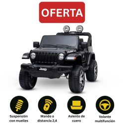 JEEP Wrangler Coche eléctrico para niños, negro, Asiento doble de polipiel, radio con Bluetooth y entrada USB, unidad 4x4, Batería de litio, ruedas EVA, ejes de suspensión, control remoto de 2.4 GHz, con licencia