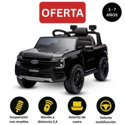Coche eléctrico para niños FORD Ranger 12V, negro, Asiento de piel, Mando 2.4 GHz, Entrada Bluetooth/USB, Suspensión, Batería 12V, Ruedas de Plástico, 2 Motores X 30W, Licencia ORIGINAL