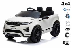 Eléctrico Ride-On Range Rover EVOQUE, blanco, asiento de cuero sintético individual, reproductor de MP3 con entrada USB, unidad 4x4, batería 12V10Ah, ruedas EVA, ejes de suspensión, arranque con llave, control remoto Bluetooth 2.4 GHz, con licencia