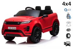 Eléctrico Ride-On Range Rover EVOQUE, rojo, asiento de cuero sintético individual, reproductor de MP3 con entrada USB, unidad 4x4, batería 12V10Ah, ruedas EVA, ejes de suspensión, arranque con llave, control remoto Bluetooth 2.4 GHz, con licencia