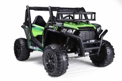  Coche eléctrico para niños UTV 24V, Verde, dos asientos de polipiel, Mando a distancia de 2,4Ghz, 2 X 200 W Motores, freno eléctrico, luces LED, Ruedas de EVA suaves con suspensión, Reproductor de MP3 con USB/AUX
