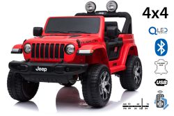 JEEP Wrangler Ride-On eléctrico, rojo, Asiento doble de polipiel, radio con Bluetooth y entrada USB, unidad 4x4, batería 12V10Ah, ruedas EVA, ejes de suspensión, control remoto de 2.4 GHz, con licencia