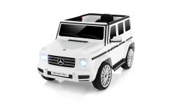 Coche eléctrico para niños Mercedes G nuevo, blanco, licencia original, batería recargable, puertas abatibles, asiento individual, 2 motores, batería de litio, control remoto 2.4 GHz, suspensión trasera, arranque suave