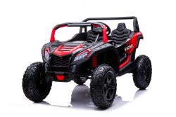 Coche eléctrico para niños UTV XXL 24V, rojo, dos asientos en cuero, discos de freno, motor 24V, luces LED, ruedas de goma inflables con suspensión trasera, reproductor MP3 con USB y Bluetooth, volante ajustable