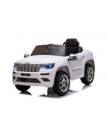 Coche eléctrico JEEP GRAND CHEROKEE 12V, BLANCO, asiento de polipiel, Batería 12V / 7AH, Puertas abatibles, Motor 2 x 35W, Control remoto 2.4 Ghz, Ruedas Soft EVA, Suspensión, Arranque suave, Reproductor MP3 con entrada USB / AUX