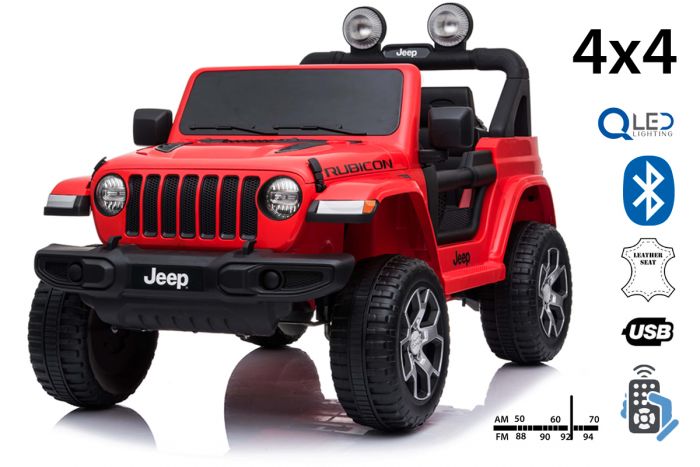 JEEP Wrangler Ride-On eléctrico, rojo, doble asiento de cuero, radio con  Bluetooth y entrada USB, unidad 4x4, batería 12V10Ah, ruedas EVA, ejes de  suspensión, control remoto de  GHz, con licencia