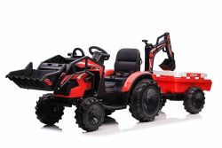 Tractor eléctrico TOP-WORKER 12V con cubetas y remolque, asiento individual, rojo, asiento blando de PU, reproductor MP3 con entrada USB, tracción trasera, 2 motores de 45W, ruedas de EVA, batería de litio.