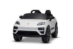 Coche eléctrico para niños Porsche Macan 12V con licencia, tracción trasera (asiento individual), bianco, batería de litio, asiento amplio, ejes con suspensión, control remoto 2,4 GHz, reproductor MP3 con entrada USB/AUX, luces LED