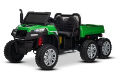 Coche eléctrico infantil tipo tractor RIDER 6X6 24V con tracción en las cuatro ruedas (4X 200W), biplaza, verde, batería de litio, ruedas EVA, asiento doble de cuero sintético, ejes con suspensión, mando a distancia de 2.4 GHz, reproductor MP3 con entrada