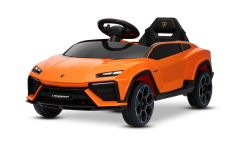 Coche eléctrico para niños Lamborghini Lanzador 12V con tracción trasera, con licencia (un solo asiento), naranja, batería de litio, luces LED, asiento amplio, control remoto 2,4 GHz, reproductor MP3 con entrada USB/AUX y conexión Bluetooth