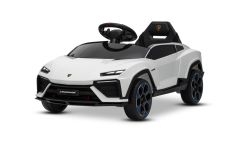 Coche eléctrico para niños Lamborghini Lanzador 12V con tracción trasera, con licencia (un solo asiento), blanco, batería de litio, luces LED, asiento amplio, control remoto 2,4 GHz, reproductor MP3 con entrada USB/AUX y conexión Bluetooth