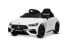 Coche eléctrico para niños Mercedes CLE 12V con tracción trasera, blanco, monoplaza, batería de litio, luces LED, asiento ancho, control remoto 2,4 GHz, reproductor MP3 con entrada USB/AUX y conexión Bluetooth, licencia ORIGINAL