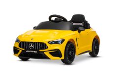 Coche eléctrico para niños Mercedes CLE 12V con tracción trasera, amarillo , monoplaza, batería de litio, luces LED, asiento ancho, control remoto 2,4 GHz, reproductor MP3 con entrada USB/AUX y conexión Bluetooth, licencia ORIGINAL