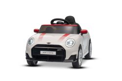 Coche eléctrico BMW Mini Cooper 12V, blanco, reproductor MP3 con conexión USB y Bluetooth, control remoto 2,4 GHz, motor 2 x 25 W, batería de litio, luces LED, licencia ORIGINAL
