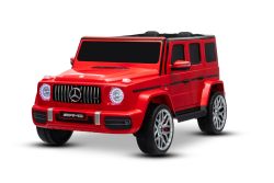 Coche eléctrico para niños Mercedes-Benz G63 AMG 4x4, dos plazas, 24V, rojo, reproductor MP3 con conexión USB/AUX y Bluetooth, tracción 4x4, batería de litio, ruedas EVA con suspensión, asientos de cuero sintético, control remoto, modelo con licencia ofi