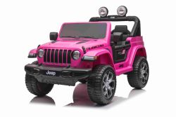 JEEP Wrangler Coche eléctrico para niños, Rosa, Asiento doble de polipiel, radio con Bluetooth y entrada USB, unidad 4x4, Batería de litio, ruedas EVA, ejes de suspensión, control remoto de 2.4 GHz, con licencia