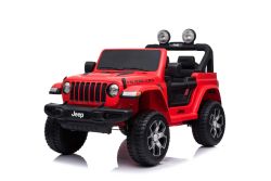 JEEP Wrangler Coche eléctrico para niños, rojo, Asiento doble de polipiel, radio con Bluetooth y entrada USB, unidad 4x4, Batería de litio, ruedas EVA, ejes de suspensión, control remoto de 2.4 GHz, con licencia