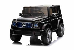 Coche eléctrico para niños Mercedes-Benz EQG 12V, negro, partes de la carrocería iluminadas con LED, luces delanteras y traseras funcionales, control remoto 2,4 GHz, entrada USB/AUX, batería de litio, 2 motores de 35W, licencia ORIGINAL